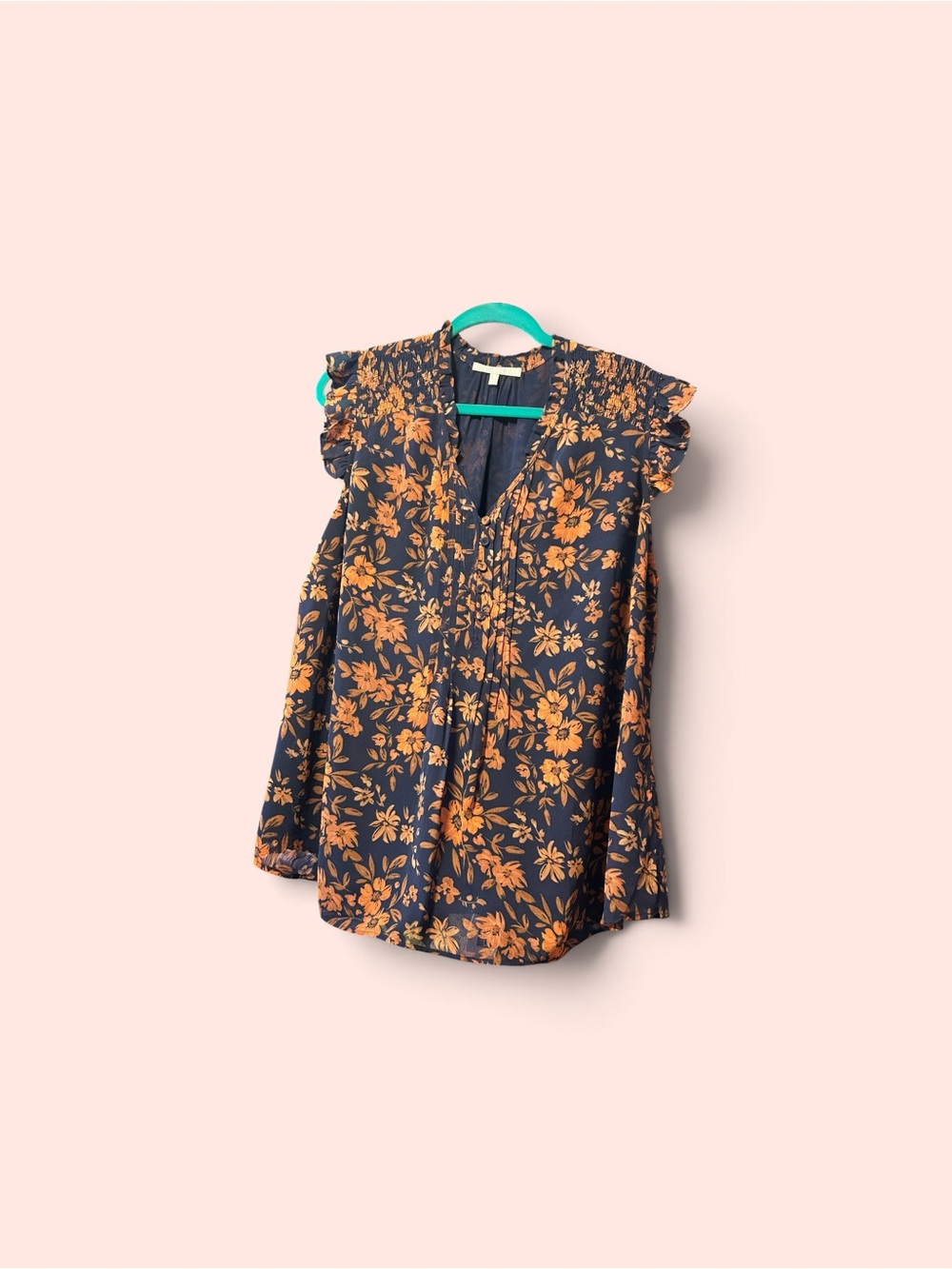 Navy Floral Flutter Sleeve Blouse in Orange